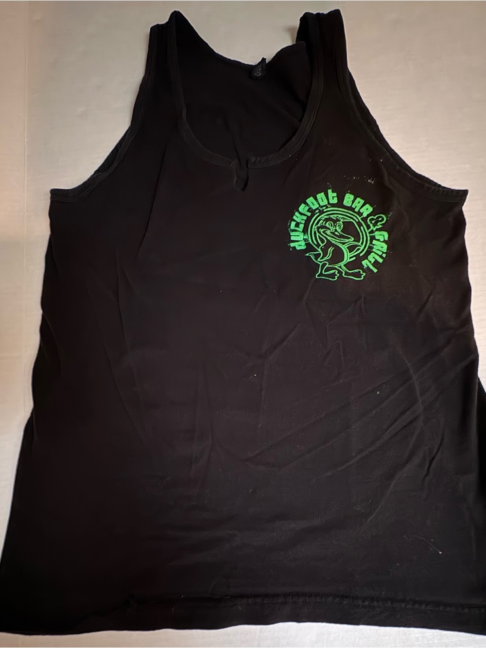 Black Tank Top with Neon Green Logo - Duckfoots St Mary’s distressed Medium